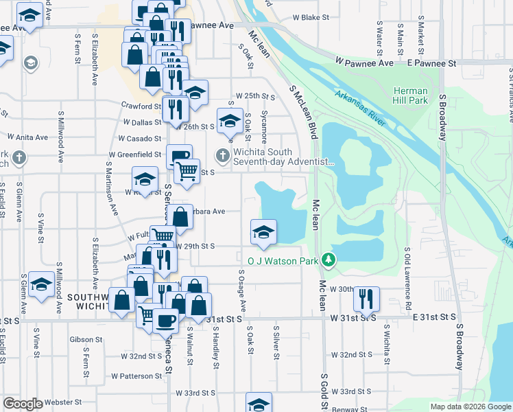 map of restaurants, bars, coffee shops, grocery stores, and more near 2902 South Osage Avenue in Wichita