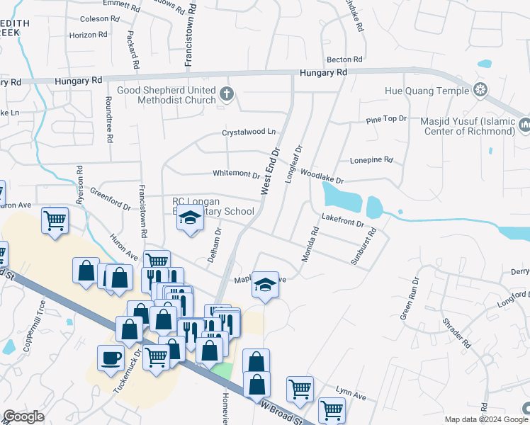 map of restaurants, bars, coffee shops, grocery stores, and more near 3907 West End Drive in Richmond