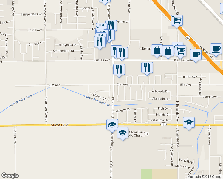 map of restaurants, bars, coffee shops, grocery stores, and more near 1608 Shirley Court in Modesto