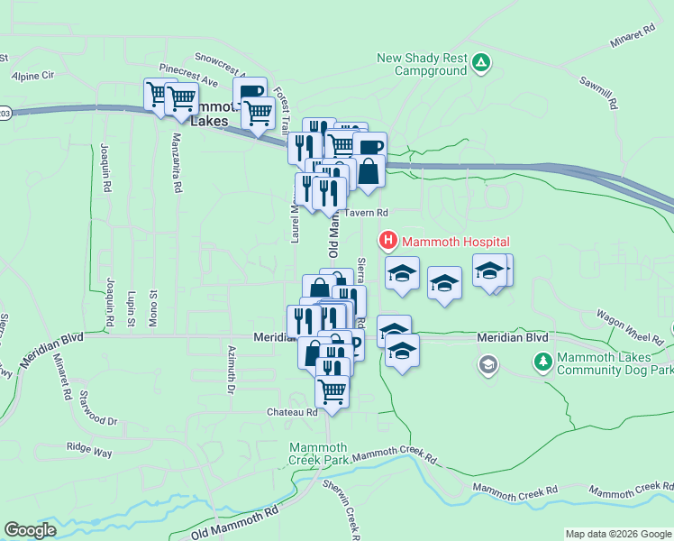 map of restaurants, bars, coffee shops, grocery stores, and more near 248 Old Mammoth Rd in Mammoth Lakes