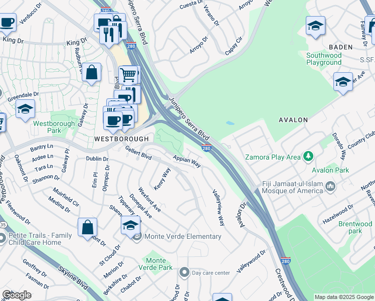 map of restaurants, bars, coffee shops, grocery stores, and more near 45 Appian Way in South San Francisco