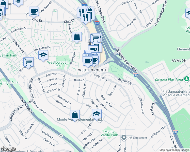 map of restaurants, bars, coffee shops, grocery stores, and more near 2214 Barrington Court in South San Francisco