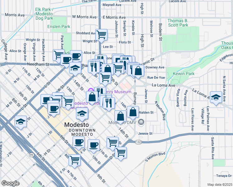map of restaurants, bars, coffee shops, grocery stores, and more near 720 16th St in Modesto