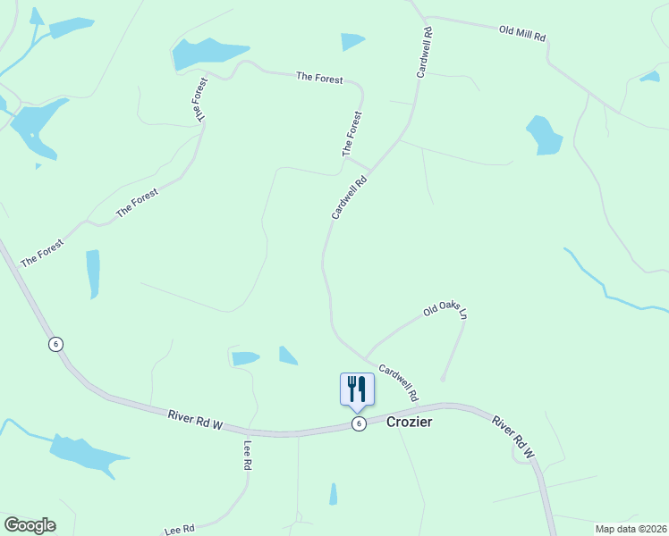 map of restaurants, bars, coffee shops, grocery stores, and more near 1253 Cardwell Road in Crozier