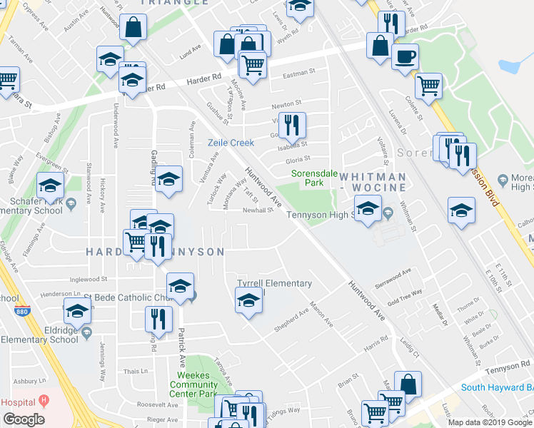 map of restaurants, bars, coffee shops, grocery stores, and more near 56 Newhall Street in Hayward