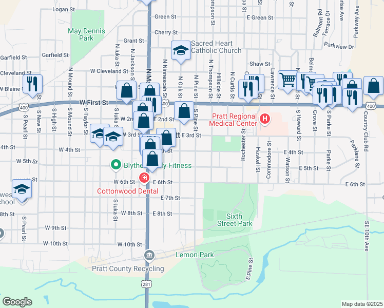map of restaurants, bars, coffee shops, grocery stores, and more near 403 South Pine Street in Pratt