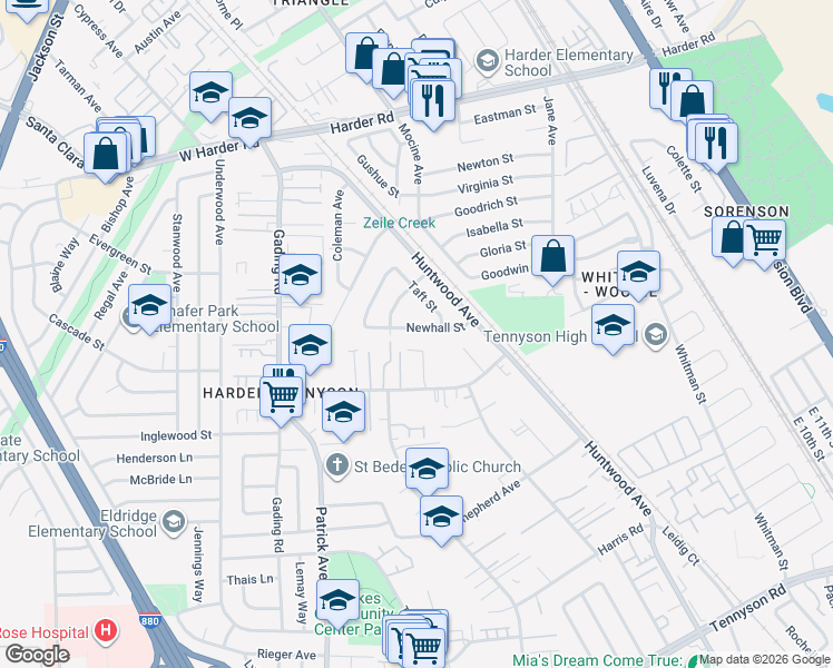 map of restaurants, bars, coffee shops, grocery stores, and more near 154 Newhall Street in Hayward