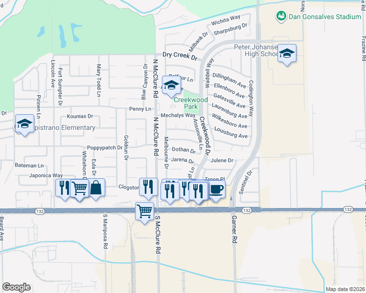 map of restaurants, bars, coffee shops, grocery stores, and more near 3601 Dothan Drive in Modesto