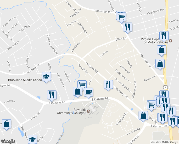 map of restaurants, bars, coffee shops, grocery stores, and more near 1722 Shewalt Drive in Richmond