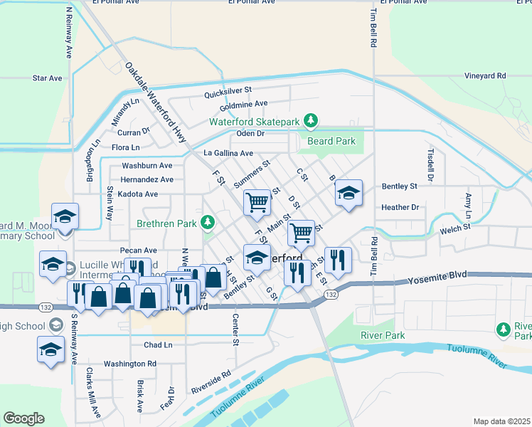 map of restaurants, bars, coffee shops, grocery stores, and more near 417 E Street in Waterford
