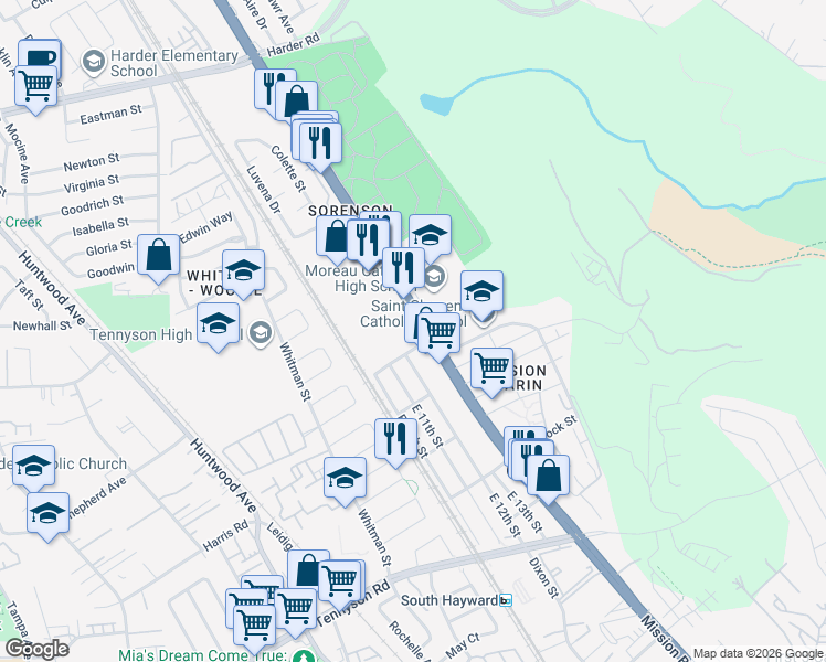 map of restaurants, bars, coffee shops, grocery stores, and more near 27369 Mission Boulevard in Hayward