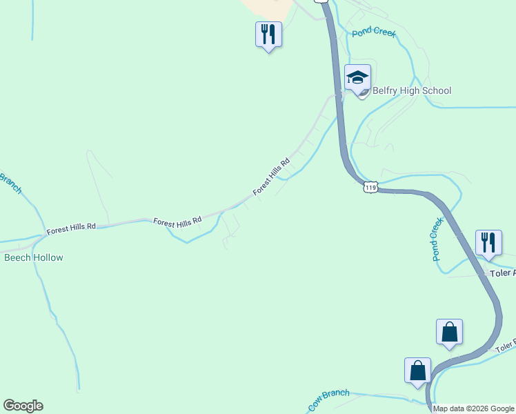 map of restaurants, bars, coffee shops, grocery stores, and more near 57 Woodhill Drive in Belfry