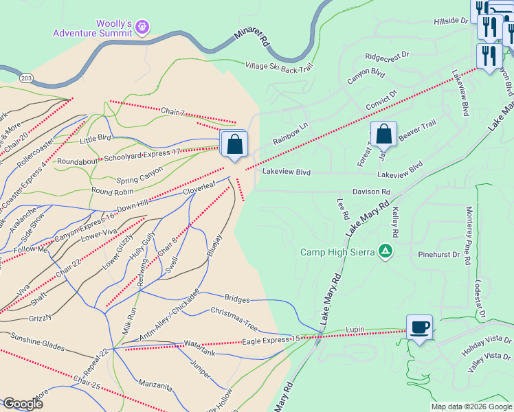 map of restaurants, bars, coffee shops, grocery stores, and more near 38-268 John Muir Road in Mammoth Lakes