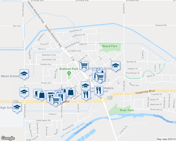 map of restaurants, bars, coffee shops, grocery stores, and more near 12517 Main Street in Waterford