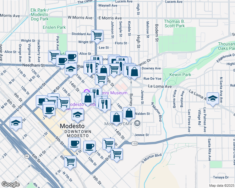 map of restaurants, bars, coffee shops, grocery stores, and more near 720 16th Street in Modesto