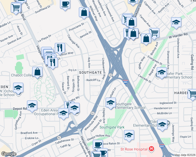 map of restaurants, bars, coffee shops, grocery stores, and more near 1260 Radcliff Lane in Hayward