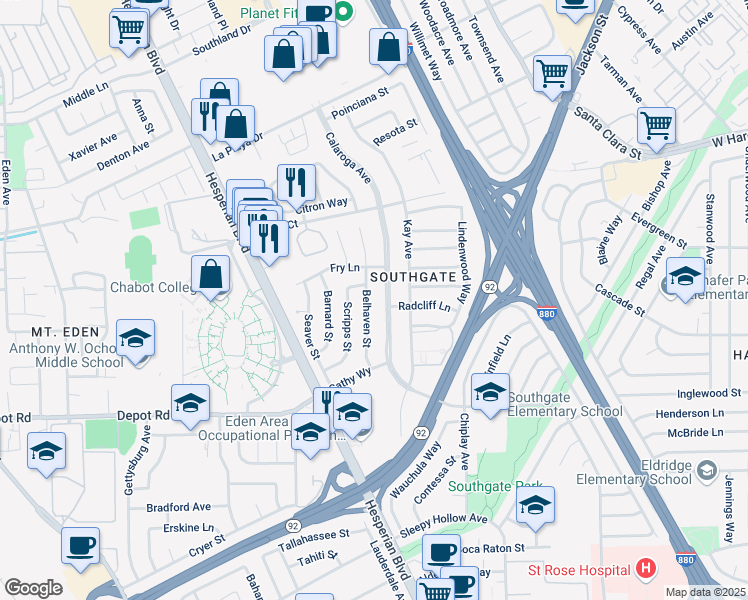 map of restaurants, bars, coffee shops, grocery stores, and more near 25589 Belhaven Street in Hayward