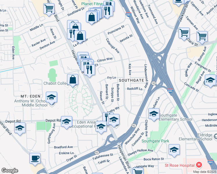 map of restaurants, bars, coffee shops, grocery stores, and more near 25588 Barnard Street in Hayward