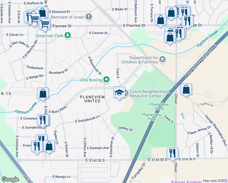 map of restaurants, bars, coffee shops, grocery stores, and more near 3925 East Ross Parkway in Wichita