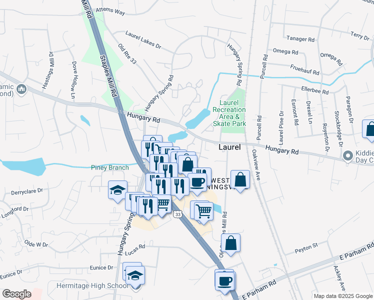 map of restaurants, bars, coffee shops, grocery stores, and more near 9306 Silverbush Drive in Henrico