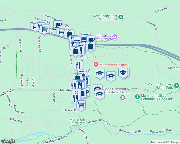 map of restaurants, bars, coffee shops, grocery stores, and more near 141 Sierra Manor Road in Mammoth Lakes
