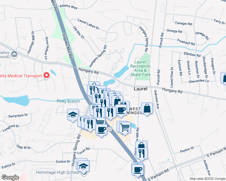 map of restaurants, bars, coffee shops, grocery stores, and more near 9306 Silverbush Drive in Richmond
