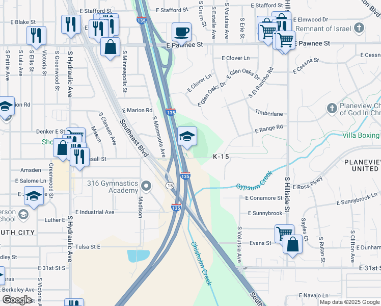 map of restaurants, bars, coffee shops, grocery stores, and more near 2400 East Wassall Street in Wichita