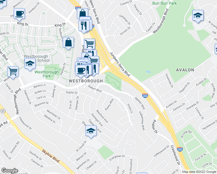 map of restaurants, bars, coffee shops, grocery stores, and more near 35 Buena Vista Road in South San Francisco