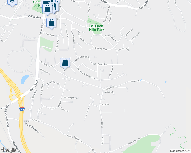 map of restaurants, bars, coffee shops, grocery stores, and more near 916 Sycamore Creek Way in Pleasanton
