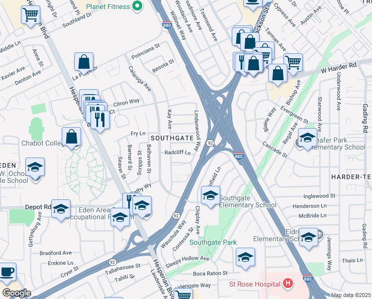 map of restaurants, bars, coffee shops, grocery stores, and more near 1260 Radcliff Lane in Hayward