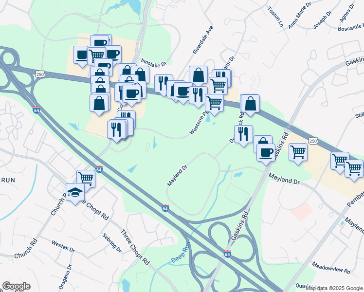 map of restaurants, bars, coffee shops, grocery stores, and more near 3901 Westerre Parkway in Richmond