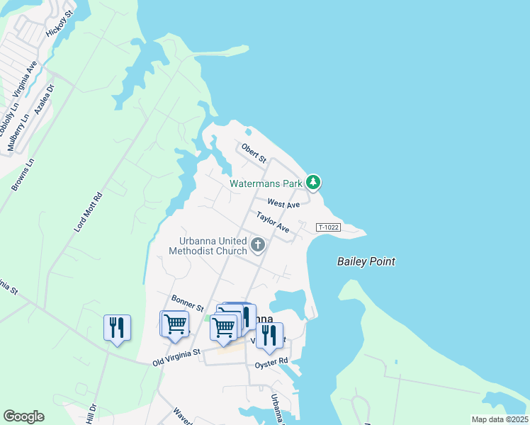 map of restaurants, bars, coffee shops, grocery stores, and more near 261 Taylor Avenue in Urbanna