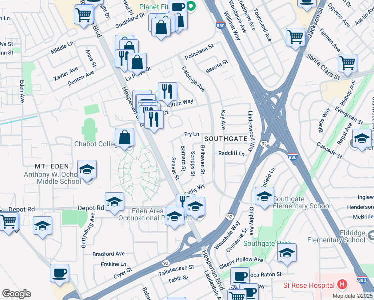 map of restaurants, bars, coffee shops, grocery stores, and more near 25588 Barnard Street in Hayward