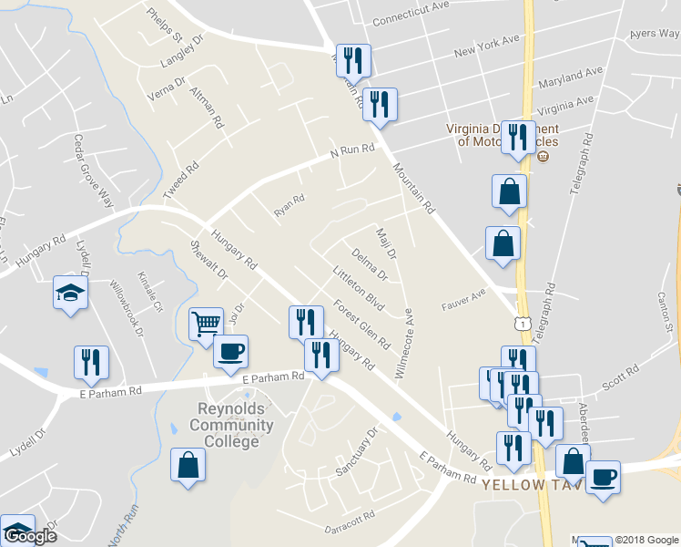 map of restaurants, bars, coffee shops, grocery stores, and more near 1629 Littleton Boulevard in Henrico