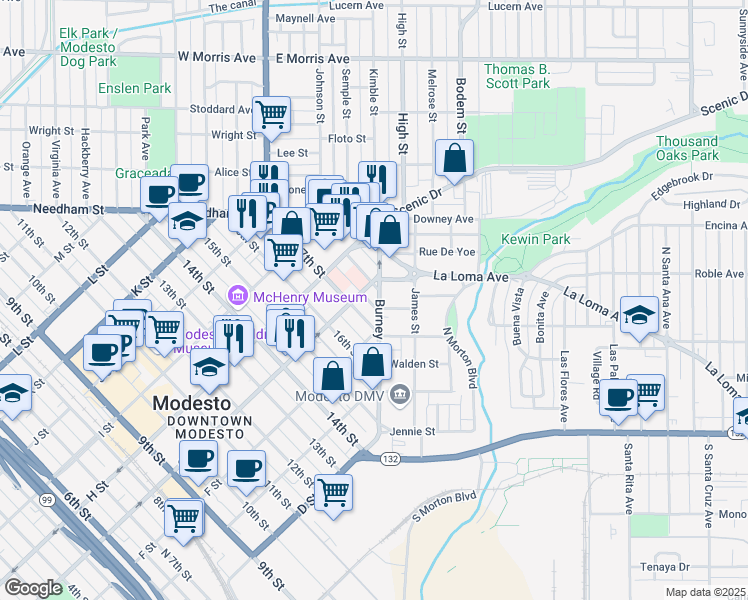 map of restaurants, bars, coffee shops, grocery stores, and more near 109 Howard Street in Modesto