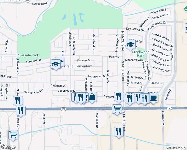 map of restaurants, bars, coffee shops, grocery stores, and more near 3205 Poppypatch Drive in Modesto