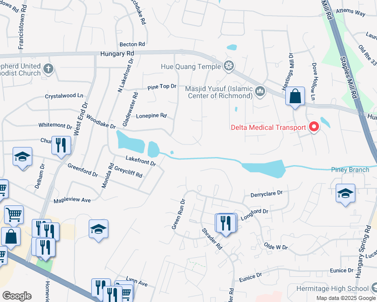 map of restaurants, bars, coffee shops, grocery stores, and more near 8587 Woodlake Drive in Richmond