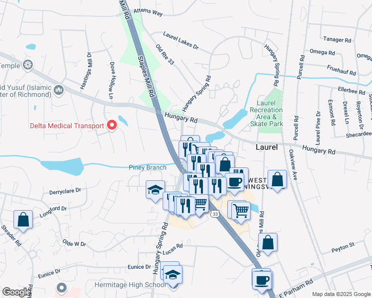 map of restaurants, bars, coffee shops, grocery stores, and more near 8013 Grassmount Court in Richmond