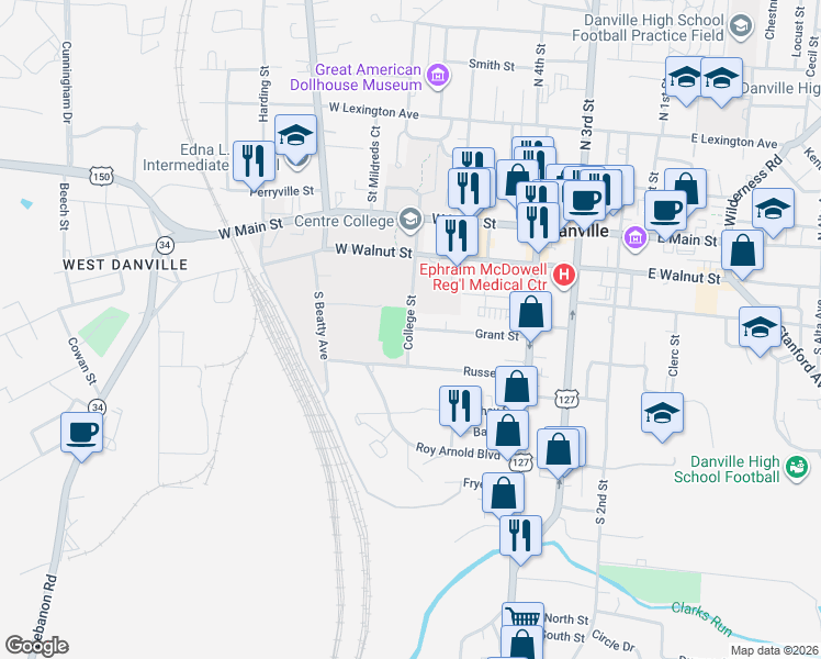 map of restaurants, bars, coffee shops, grocery stores, and more near 524 Grant St in Danville