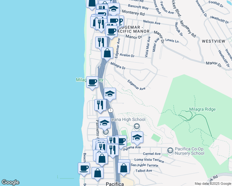 map of restaurants, bars, coffee shops, grocery stores, and more near 70 Oceana Boulevard in Pacifica