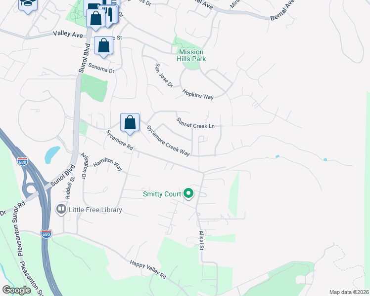 map of restaurants, bars, coffee shops, grocery stores, and more near 916 Sycamore Creek Way in Pleasanton
