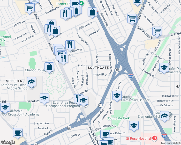 map of restaurants, bars, coffee shops, grocery stores, and more near 25589 Belhaven Street in Hayward