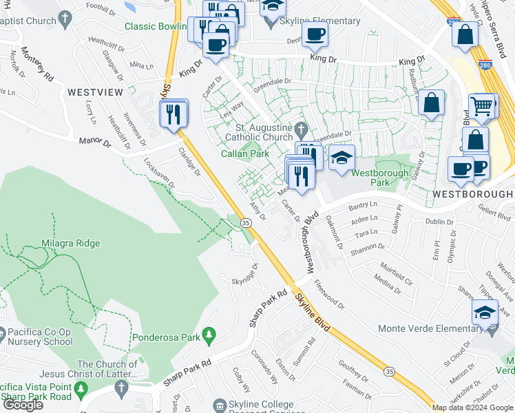 map of restaurants, bars, coffee shops, grocery stores, and more near 3604 Athy Drive in South San Francisco