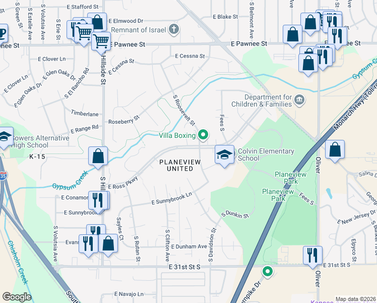 map of restaurants, bars, coffee shops, grocery stores, and more near 3713 East Ross Parkway in Wichita