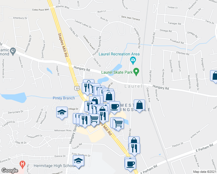 map of restaurants, bars, coffee shops, grocery stores, and more near 9310 Silverbush Drive in Henrico