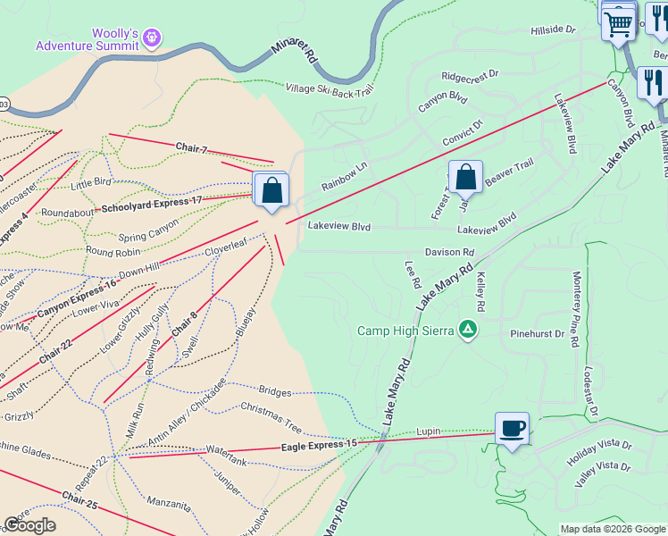 map of restaurants, bars, coffee shops, grocery stores, and more near 38-268 John Muir Rd in Mammoth Lakes