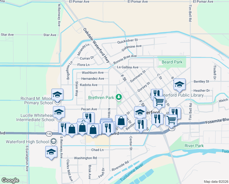 map of restaurants, bars, coffee shops, grocery stores, and more near 405 Church Street in Waterford