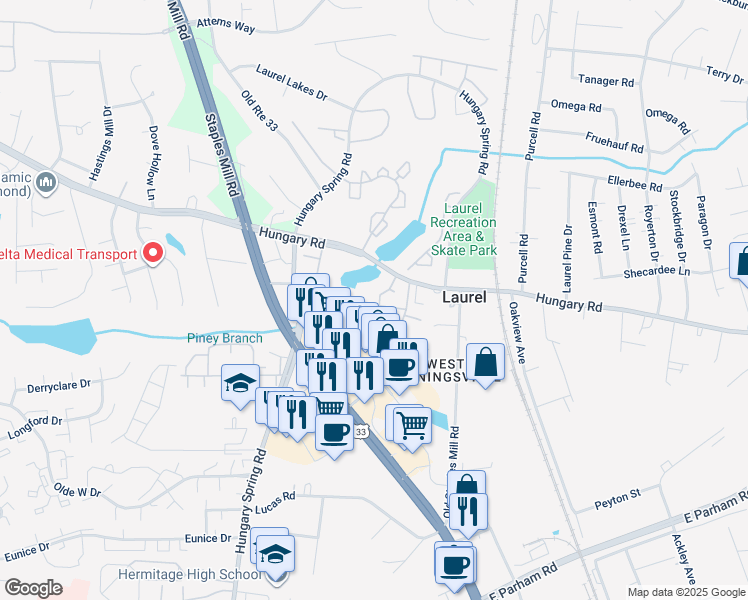 map of restaurants, bars, coffee shops, grocery stores, and more near 9310 Silverbush Drive in Henrico