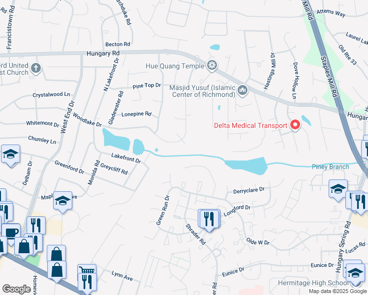 map of restaurants, bars, coffee shops, grocery stores, and more near 4100 Maple Creek Court in Richmond