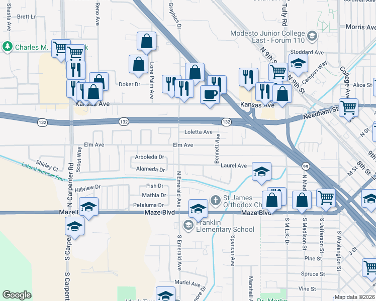 map of restaurants, bars, coffee shops, grocery stores, and more near 618 Laurel Avenue in Modesto
